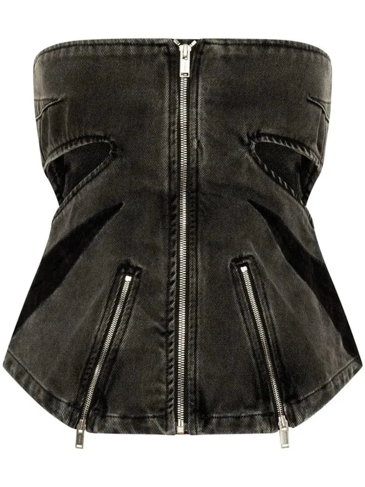 L / Black tops Hit Color Denim Women Set Zipper Tube Tops and Flare Pants 2024 Spring Fashion Matched Two Piece Sets