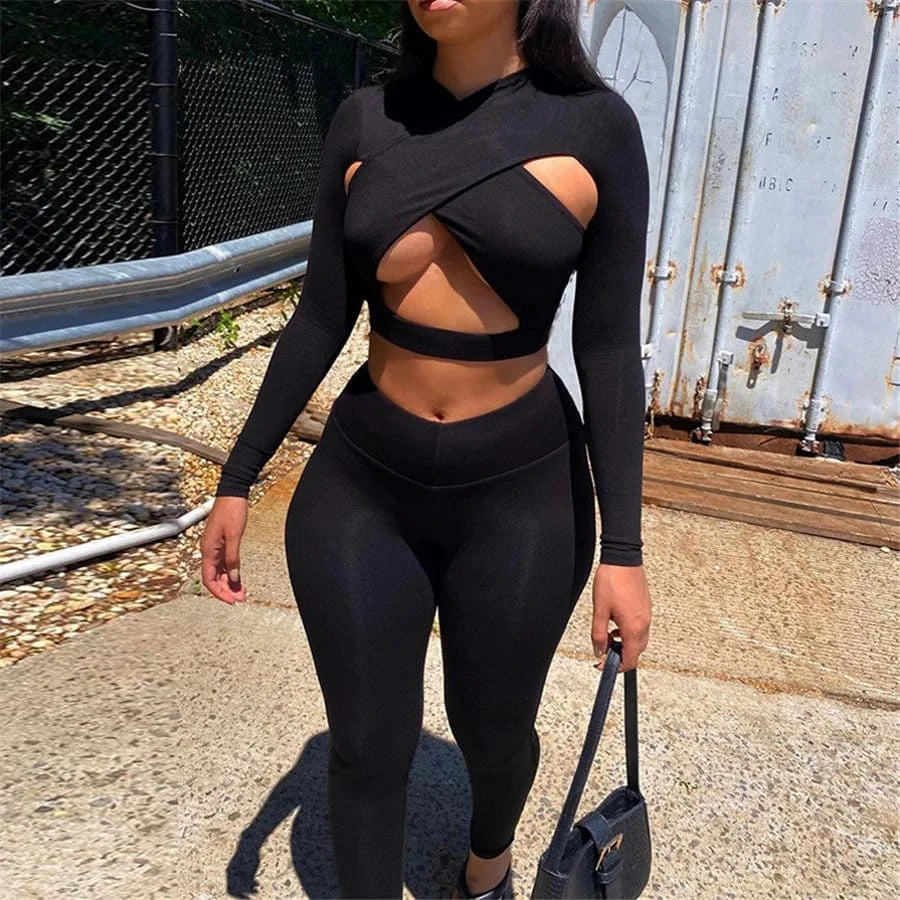 L / Black wholesale 2024 latest design for women summer Solid Hollow Out Long sleeve Crop Top Women Clothing Two Piece Pants set
