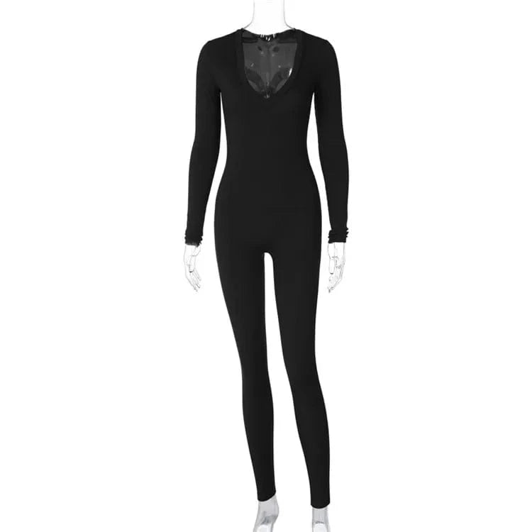 L / Black Women 2024 Sping Autumn Long Sleeve Streetwear Bodycon Jumpsuit Overall One Piece Outfit