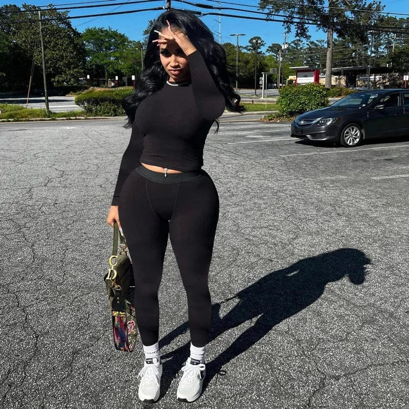 L / Black Women's Clothing Two Piece Sets Fashion Soild Long Sleeve Top Tight Pants Casual 2 Piece Tracksuits Set Fall 2024 Women Clothes
