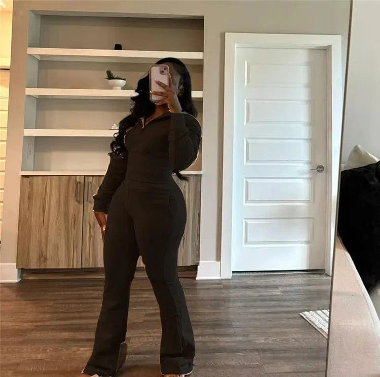 L / Black Women Solid 2 Piece Set Tracksuits Long Sleeve Zipper Pullover Sweatshirts Crop Top + Flare Pants Casual Streetwear Suit