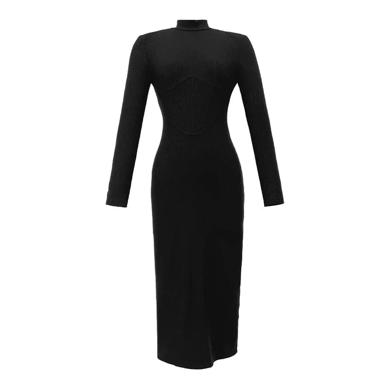 L / Black ZYHT 2024 Spring 20237 Autumn Winter Women Clothing Black Elastic Bodycon Casual Dresses Stand Collar Back High Slit Dress