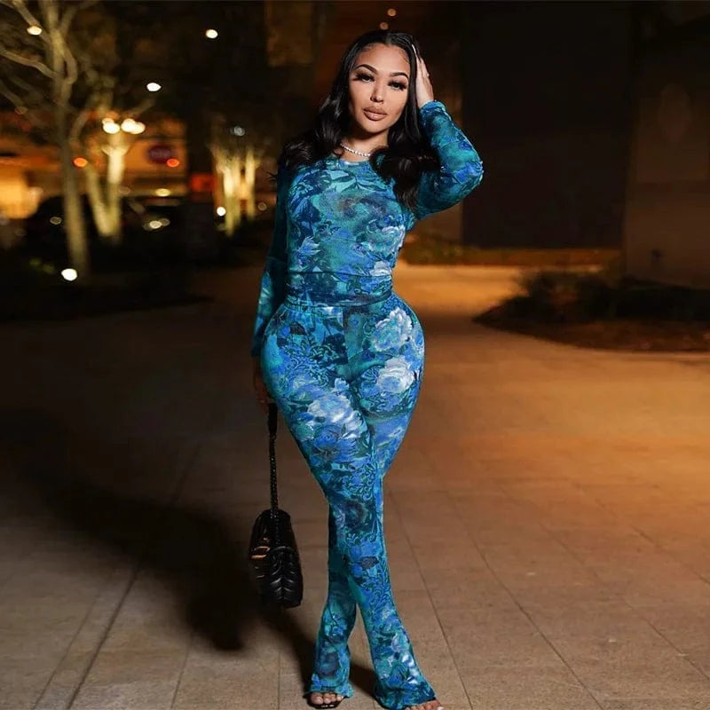 L / Blue 2024 new arrivals usa clothing see through print long sleeve mesh two piece pants set