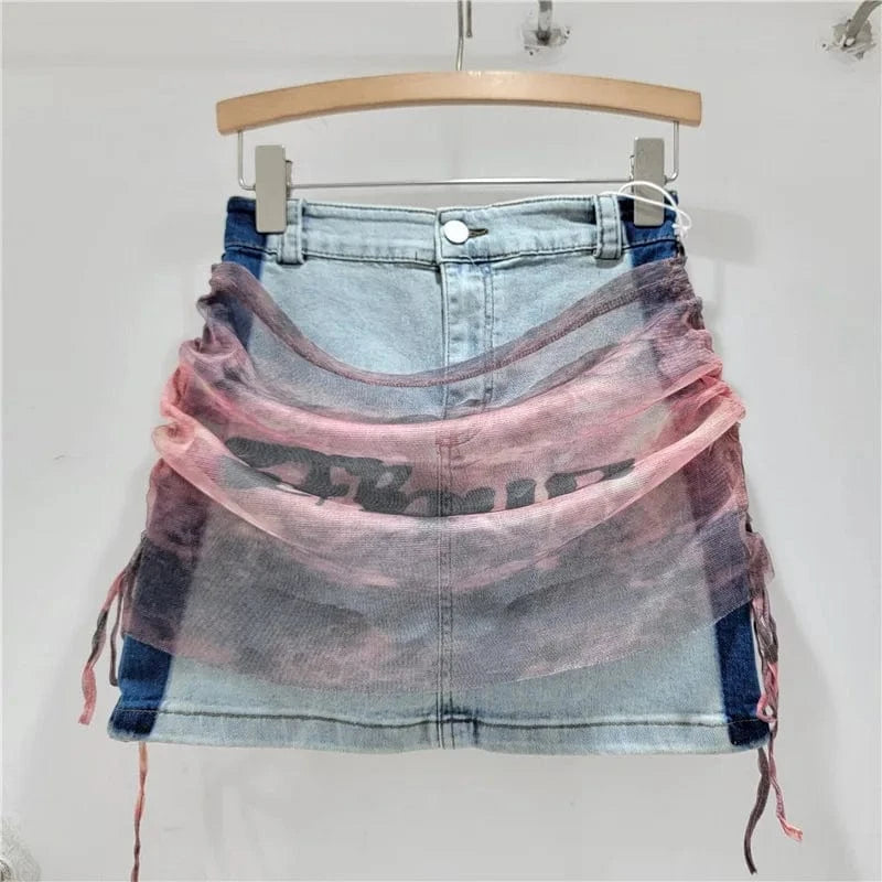 L / Blue 2024 New Design Patchwork Removable Jean Skirt Women Fashion Streetwear High Waist Mini Skirt
