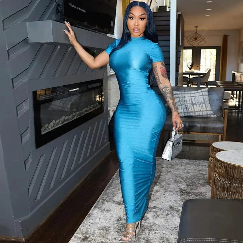 L / Blue 2103 Short Sleeve Solid Bodycon Io Neck Midi Elegant Slit Women'S Dresses Summer Evening Party Club Prom Women'S Clothes