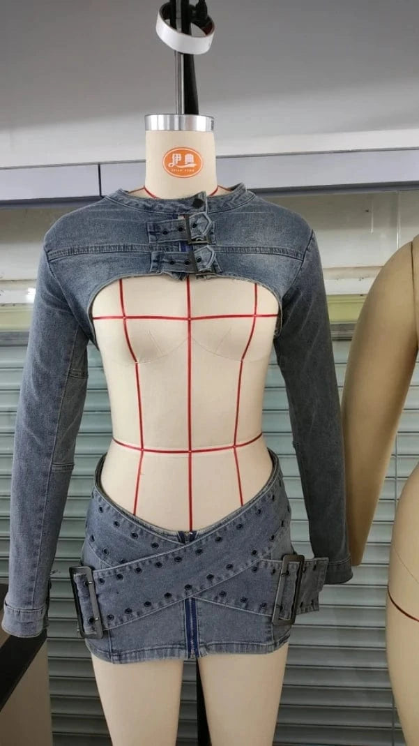L / Blue Bomblook ASST166 Autumn Sexy Street Y2K Women Two Piece Set Denim Sets Denim Skirt Set