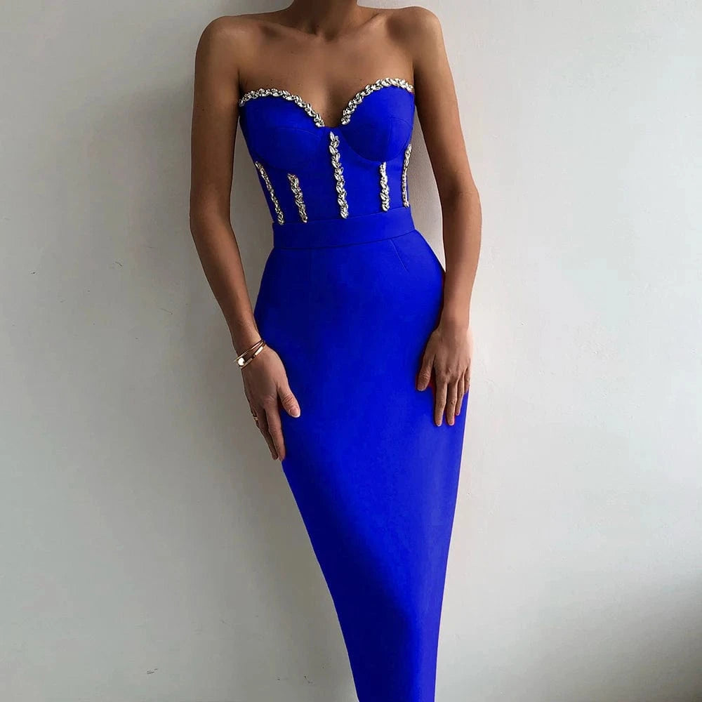 L / Blue BY2262 Hot Selling Off The Shoulder Diamonds Crystal Midi Sexy Bodycon Bandage Dress High Quality Dresses