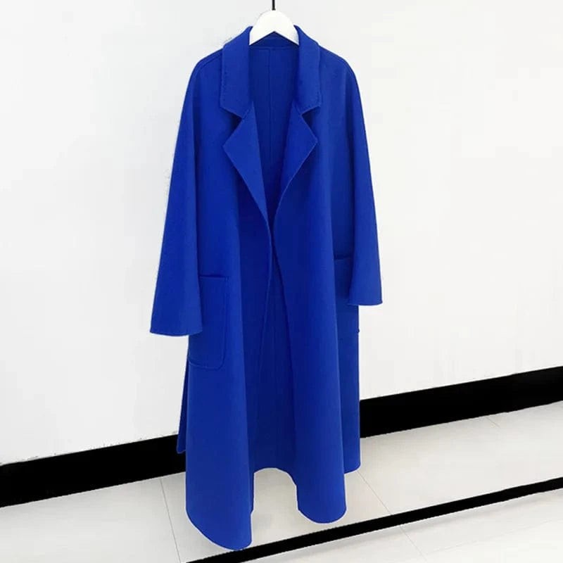 L / Blue Factory Loose Belted Wool Coats Water Wave Turn Down Collar Elegant Women Cashmere Coat