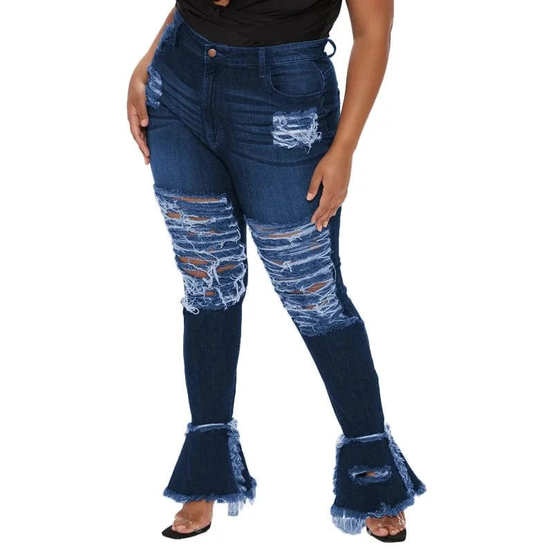 L / Blue High Quality Black 5XL Oversized Bell Bottom Ripped Jeans Pants Elastic Waist Flared Skinny Jean Pants Plus Size Women's Jeans