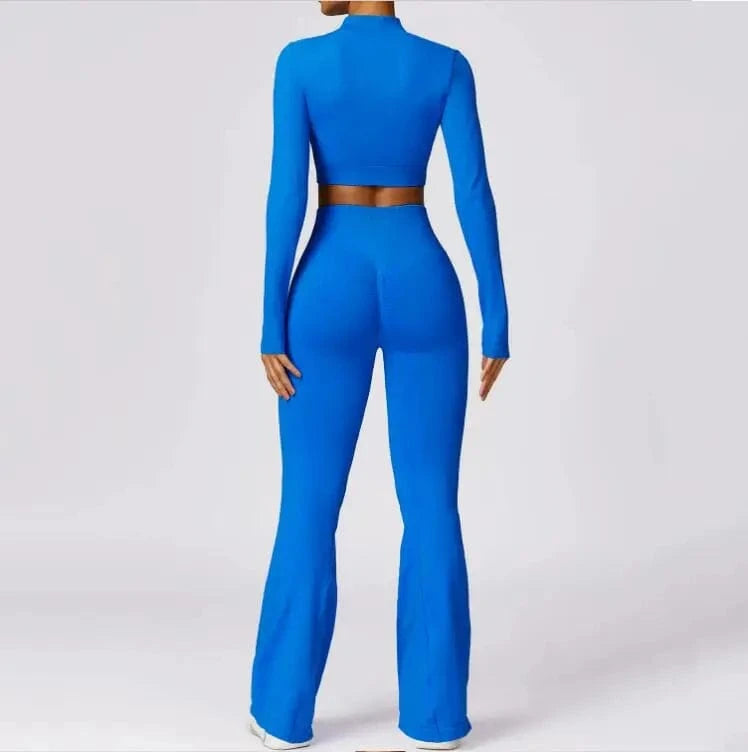 L / Blue Hot selling 2024 new Women Compression Stretchy Seamless Scrunch Back Flare Pants and Jacket Set