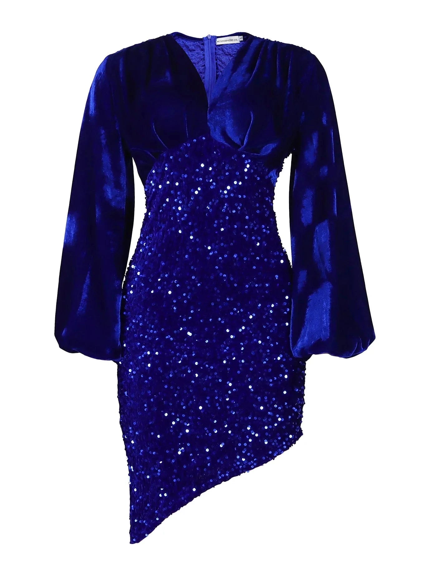 L / Blue Latest Design Stylish Chic Evening Dress V-neck Puff Sleeve Elegant Plus Size Women Velvet Sequin Dress 2024