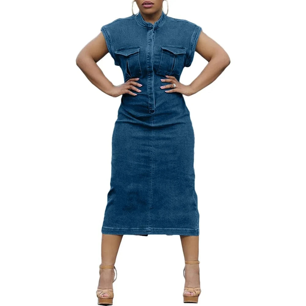 L / Blue Liu Ming New Arrivals Women Clothing 2024 Casual Sleeveless Jeans Retro Street Style Bodycon Denim Dress