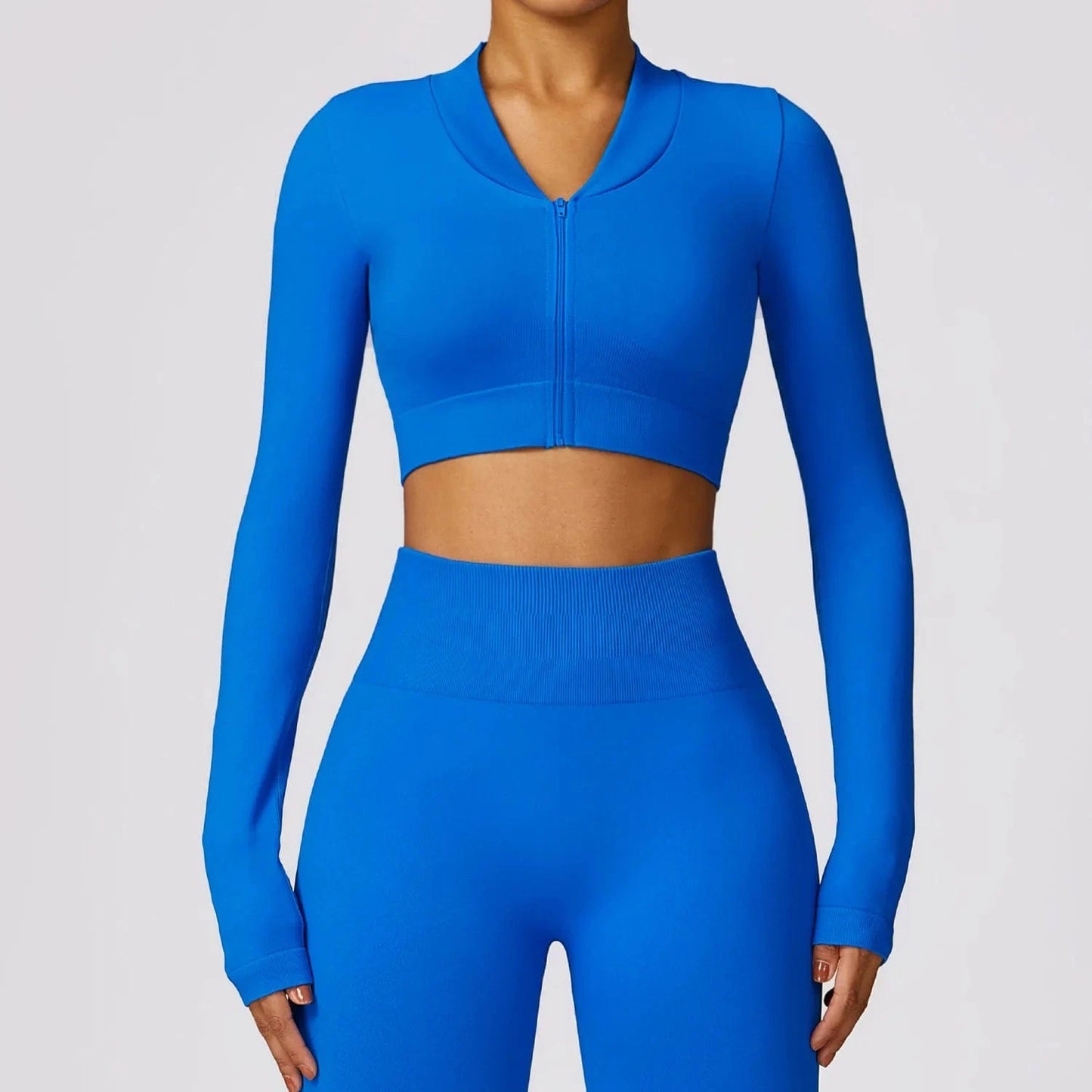 L / Blue-Long sleeves 2024 Women Zipper Crop top Activewear Suit Bra Flares Seamless Sportswear Fitness Workout Gym Clothing 3 pcs Yoga Set