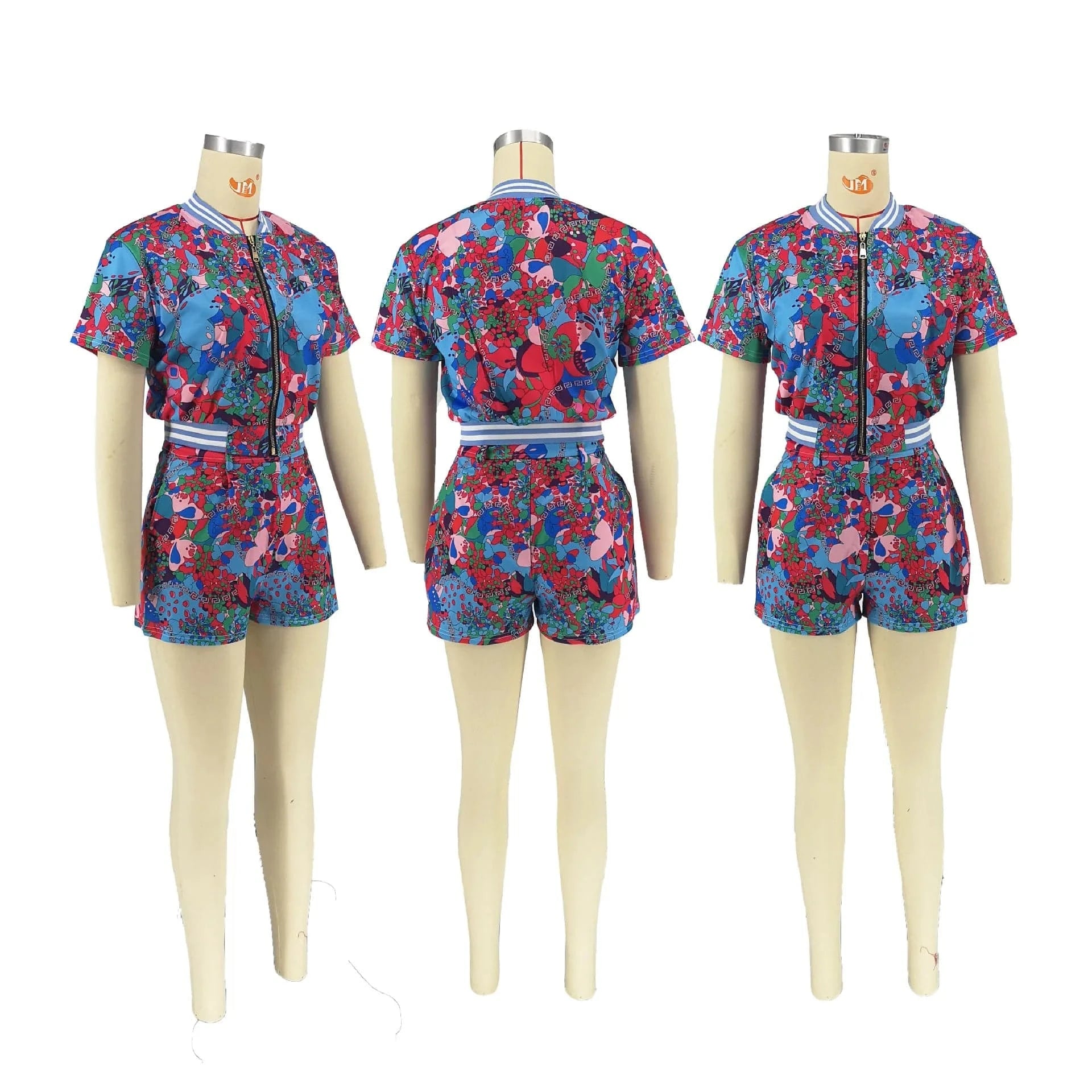 L / Blue New arrivals S-2XL 2024 summer boutique digital print flower casual two piece shorts set
