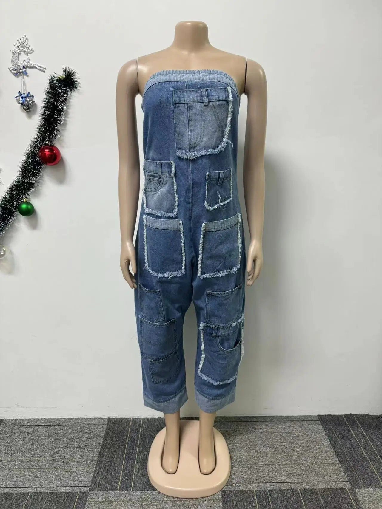 L / Blue New Unique Fashion Casual Sexy Summer Jumpsuit Sleeveless One Piece Pocket Denim Jeans Jumpsuit Woman Lady Jumpsuit For Women