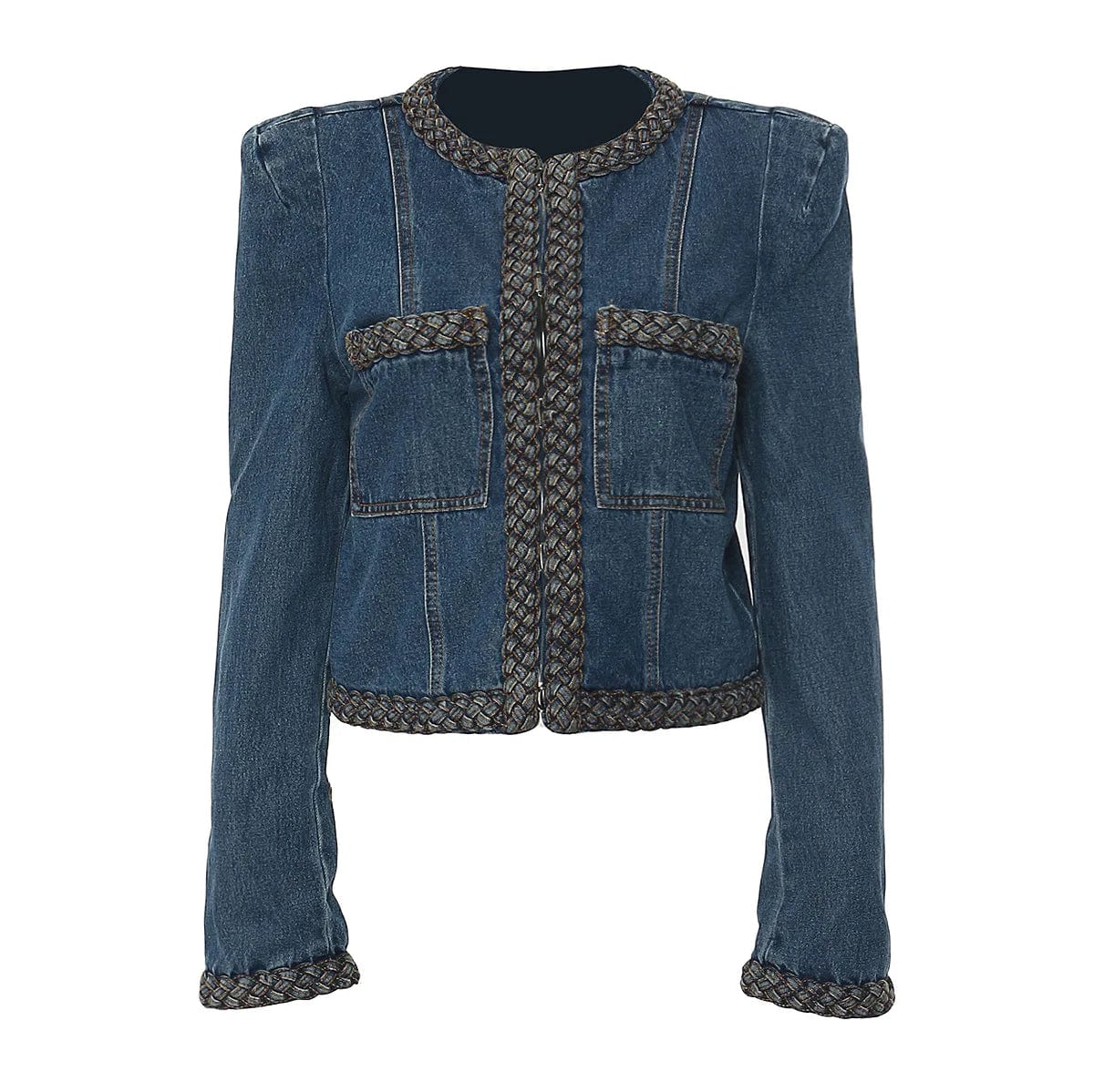 L / Blue OUDINA 2024 Wholesale Cropped Woven Delicate Shoulder Pad Jean Jackets Ladies Women Denim Jacket