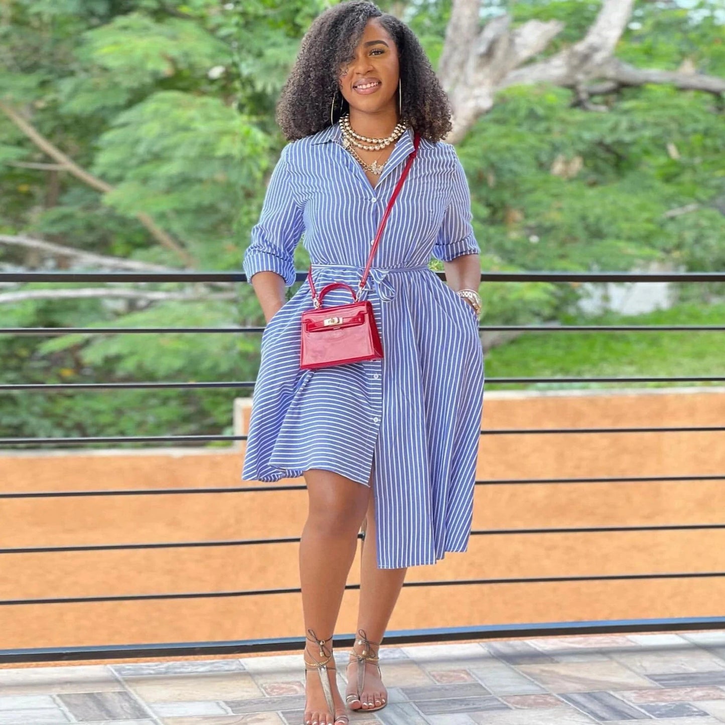 L / Blue Spring autumn casual women's clothing elegant lapel neck button down dress with stripe