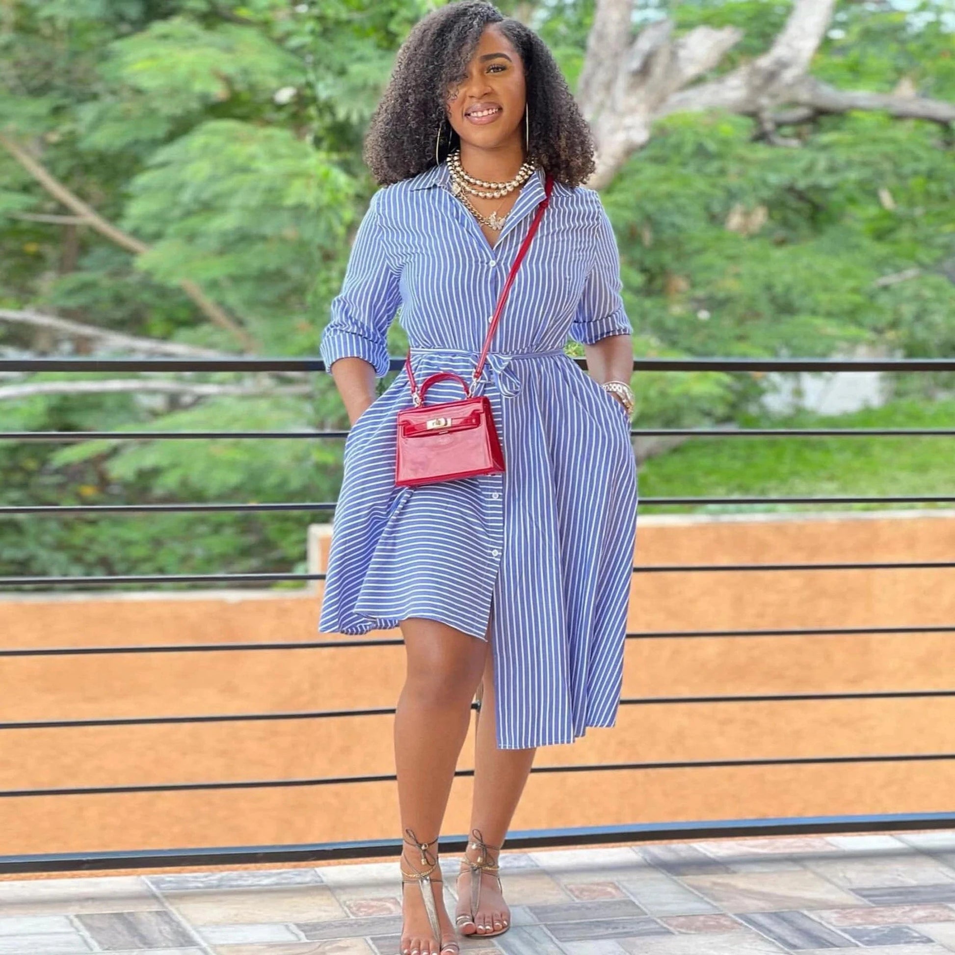 L / Blue Spring autumn casual  women's clothing elegant lapel neck button down dress with stripe