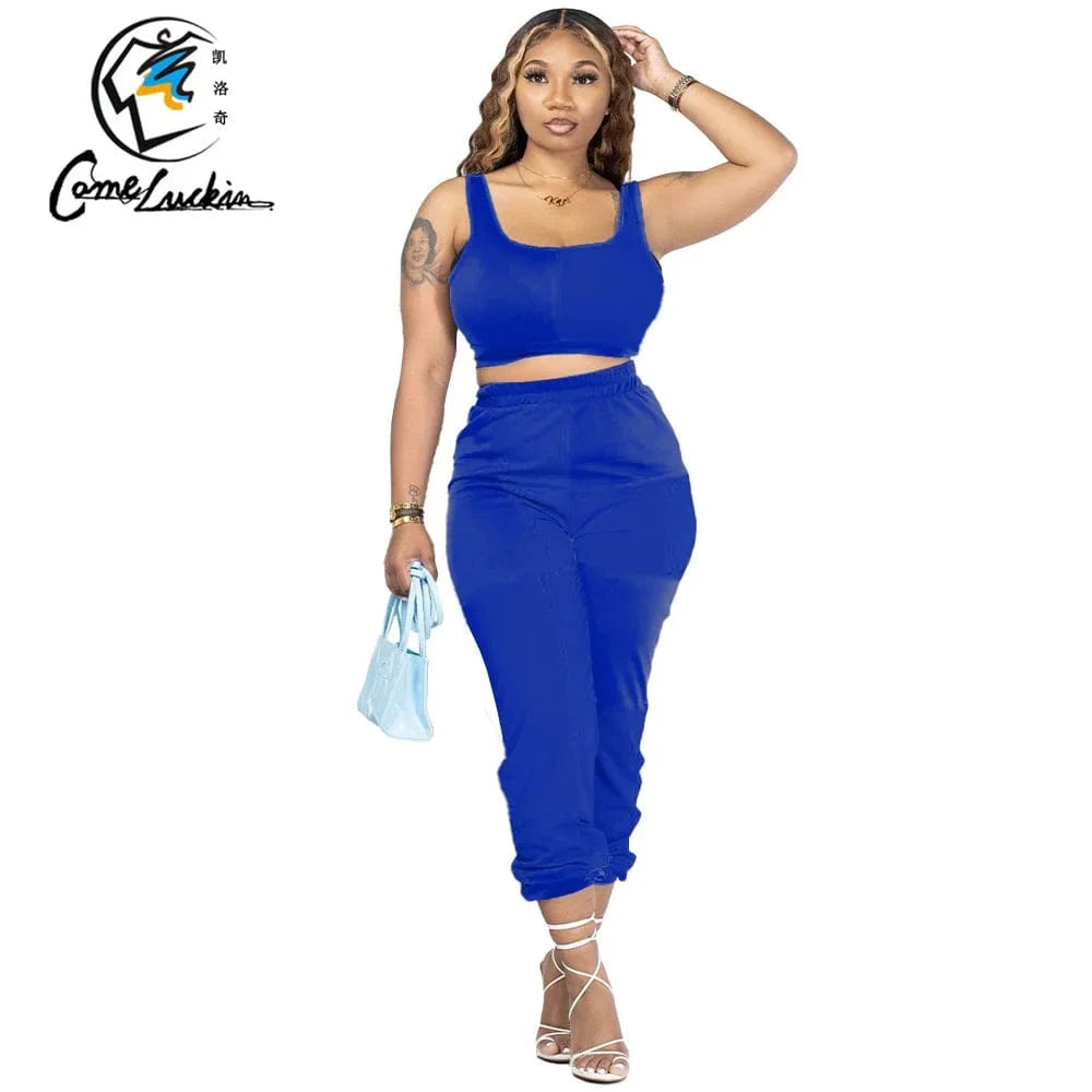 L / Blue Wholesale Women Jogger Suits Set Summer Lounge Wear Custom Logo Sweat Pants Set Two Piece Pants Jogger Set Women