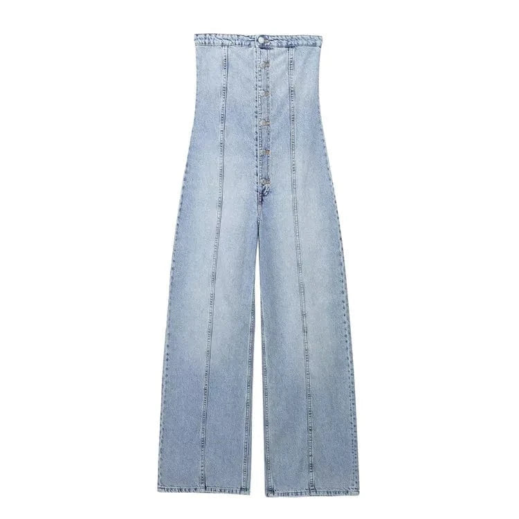 L / Blue Womens Casual Classic Jumpsuit Off Shoulder Strapless Vintage Denim Long Pants High Street Jumpsuit Women