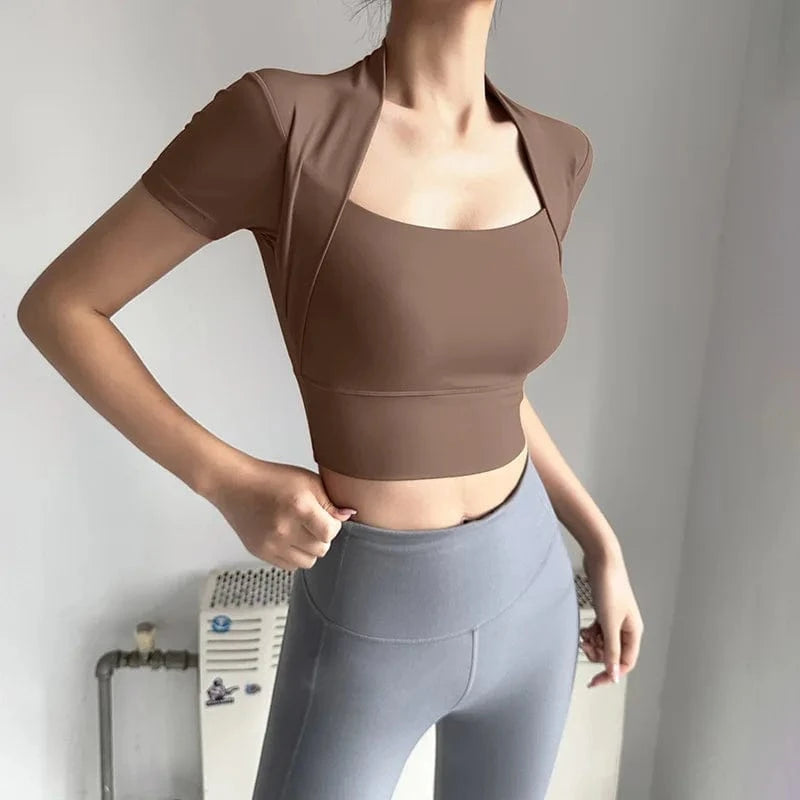 L / Brown 2024 New Nude Feeling Sports Underwear Bra Women's Short Sleeve Display Thin Yoga Clothes Top Quick Dry Fitness Clothes Vest
