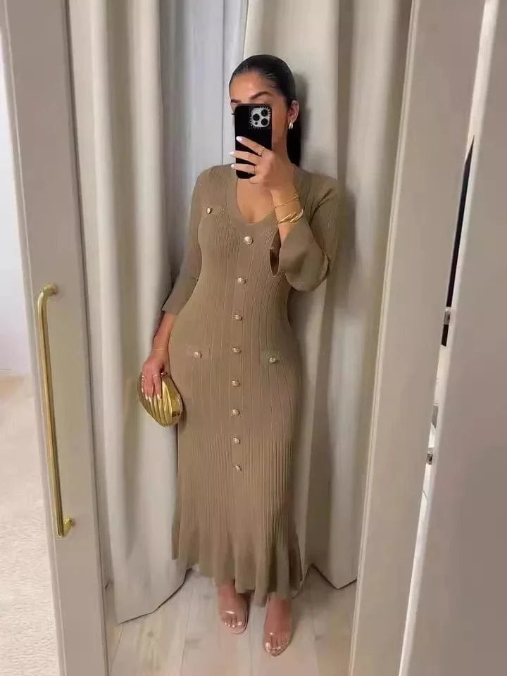 L / Brown Autumn winter women clothing ladies elegant temperament dress fashion long slim knit long sleeve women's casual dresses