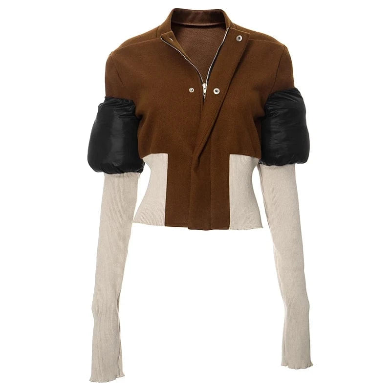 L / Brown Bomblook M23TP672 2024 Woolen Newfashionable Street Patchwork Drop Waist Jacket Rib Knit Jacket Spring Jacket