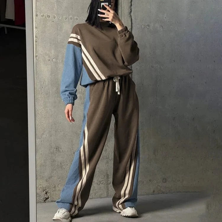 L / Brown BR4837 Casual Style Sports Two-Piece Set Solid O-Neck Sweatshirt Pullover Top Drawstring Trousers Striped Contrast Colors
