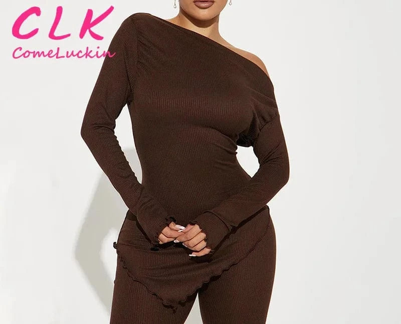 L / Brown Custom Embroidery Logo Rib Knitted Outfits 2024 Loungewear Irregular Top With Leggings 2 Piece Set Women Elegant Clothing
