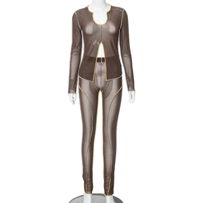 L / Brown K23st596 New 2024 Winter Design V-neck Long Sleeve Crop Top And Pant 2 Piece Set Solid Bodycon Casual Fashion Women's Set