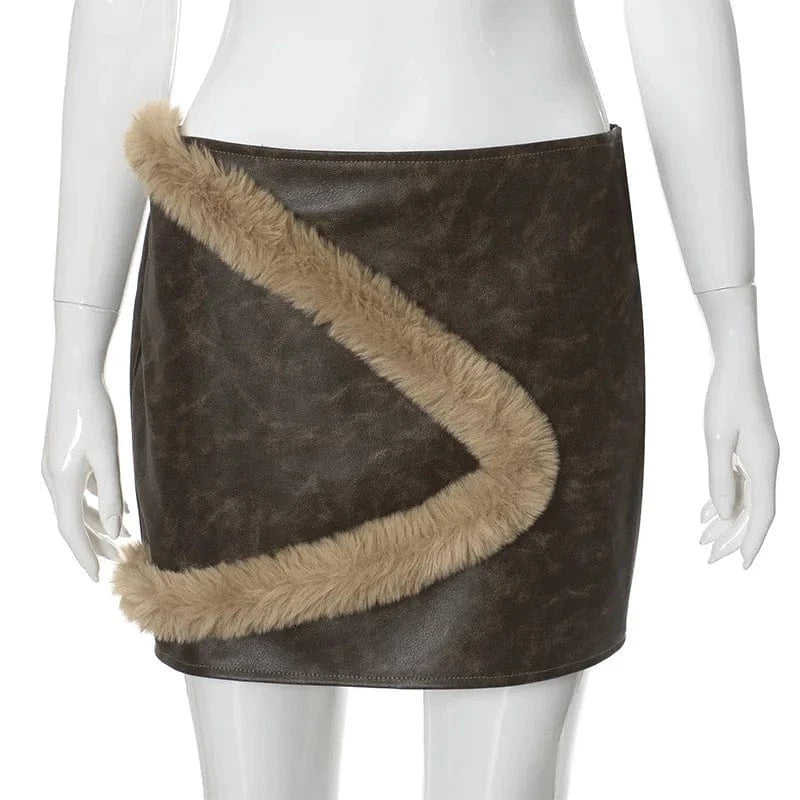 L / Brown M23sk642 New 2024 Winter British Style Patchwork Fur High Waist Short Skirt Bodycon Casual Outfit Fashion Skirt For Women