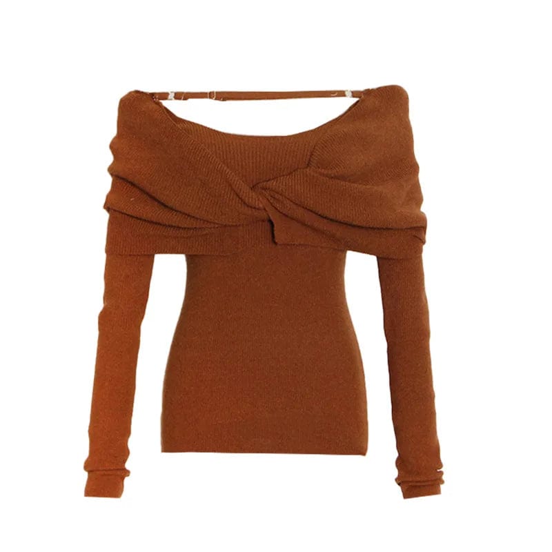 L / Brown OUDINA 2024 New Elegant Knitted Top Twist Slimming Solid Color Long-sleeved One Shoulder Tops For Women