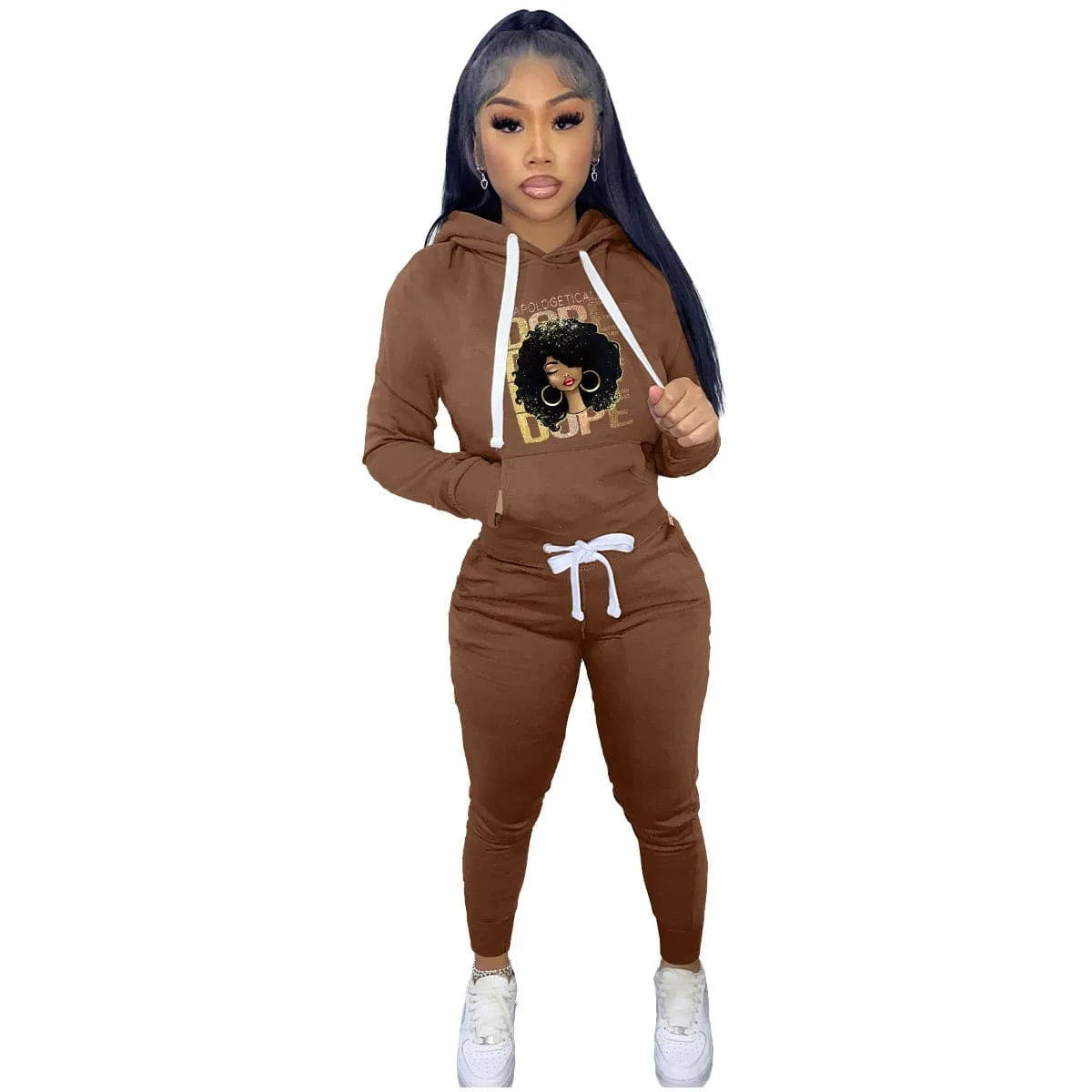 L / Brown Print Pullover Hoodies Sweatsuits Women Two Piece Set Autumn Winter Fashion Casual Long Sleeve Hooded Sweatpants Tracksuits