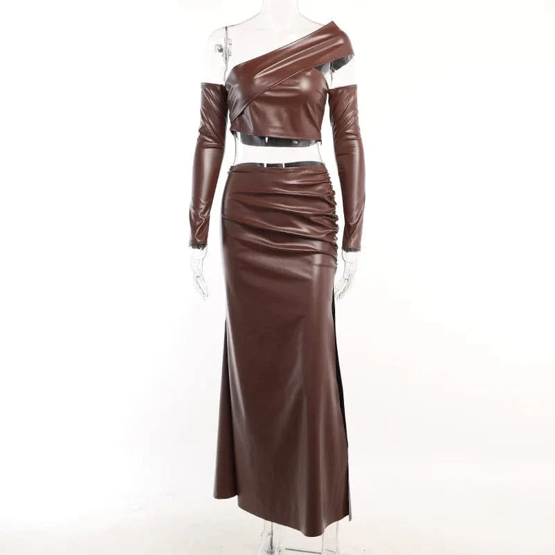 L / Brown RedPeony 2023 Female Office Pareo Halter Irregular Leather Shrink Fold Women Outlet Tunic Long Vestido Maxi 2 Piece Sets Skirt