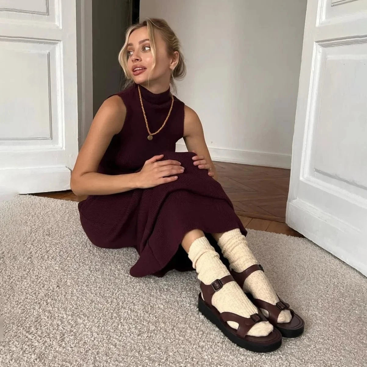 L / Brown Women Elegant Slim Sleeveless Pullover Top High Waist Skirts 2 Pieces Set Knitted Turtleneck Vest Skirt Suit Autumn 2025