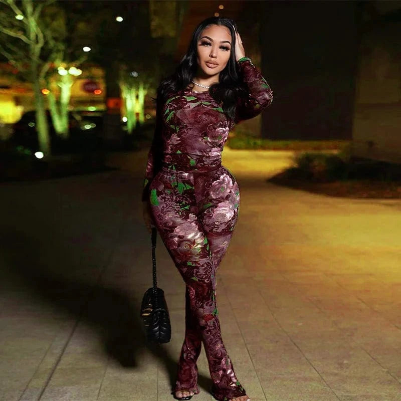 L / Burgundy 2024 new arrivals usa clothing see through print long sleeve mesh two piece pants set