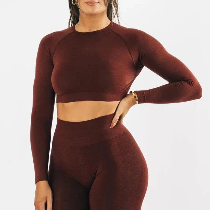 L / Burgundy Conjuntos Deportivos Mujer Women'S Cropped Seamless Long Sleeve And Scrunch Legging Yoga Gym Fitness Active Wear Set