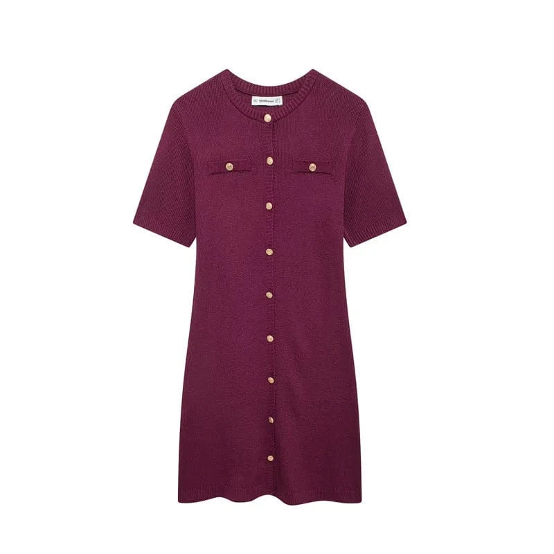 L / Burgundy GX5021 Summer 2024 Elegant Women Clothing Vendor Short Sleeve Knitted Dresses Fashion Sexy O-Neck Style Party Evening Mini Dress