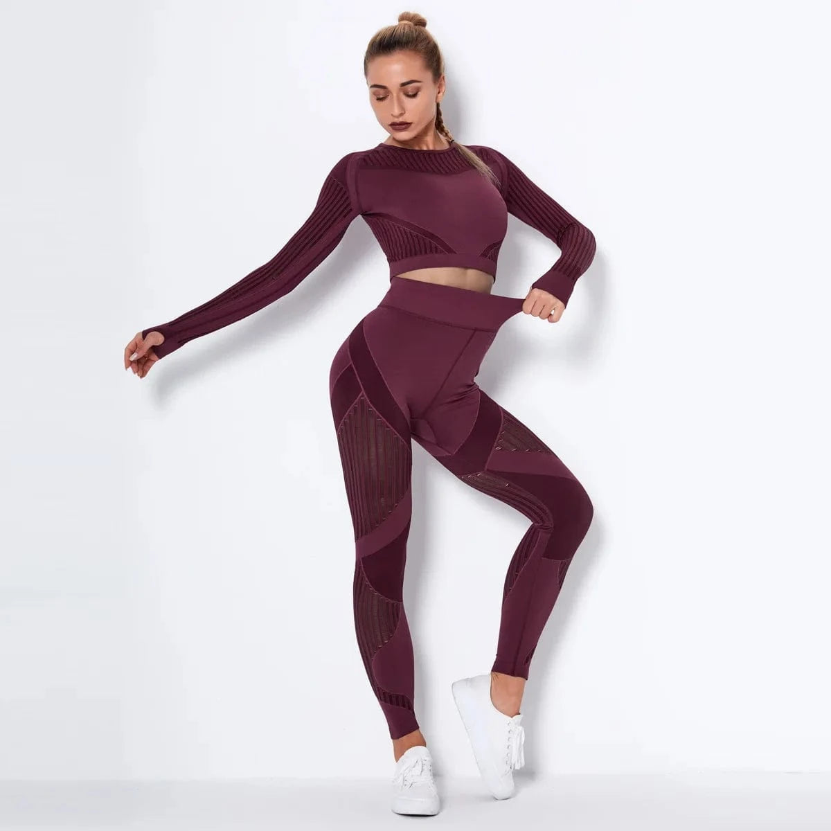 L / Burgundy Wholesale Fitness Clothing Seamless Activewear Long Sleeve Crop Top Yoga Pant Leggings Sport Suit Gym Fitness Sets for Women