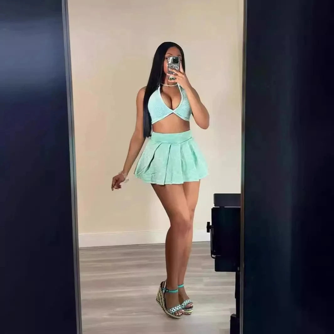 L / C520ST07 Green Bomblook C520ST07 Fashion Ribbed Washed Streetwear 2 Piece Pleated Skirt Set Women Summer Casual Wear Deep V Neck Tweed Set