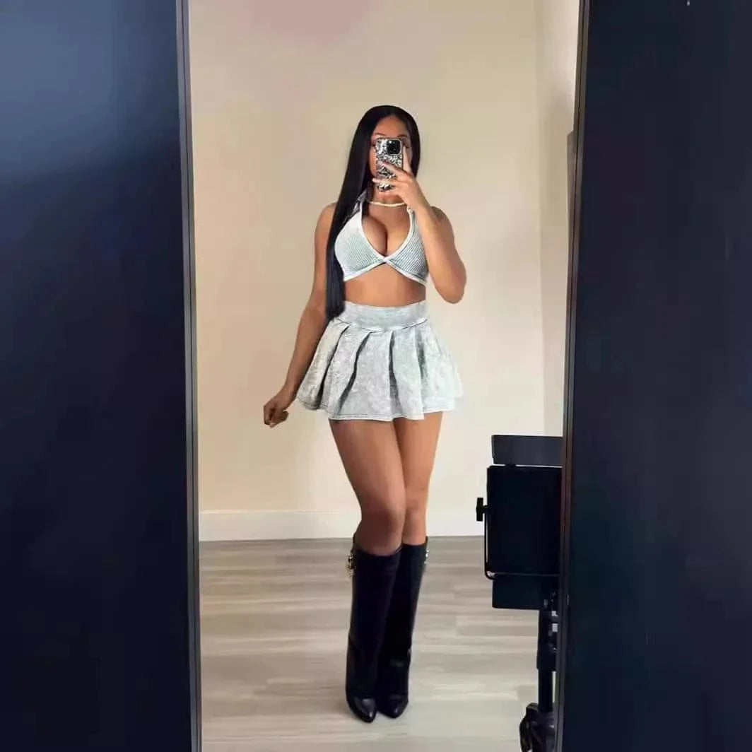 L / C520ST07 light gray Bomblook C520ST07 Fashion Ribbed Washed Streetwear 2 Piece Pleated Skirt Set Women Summer Casual Wear Deep V Neck Tweed Set