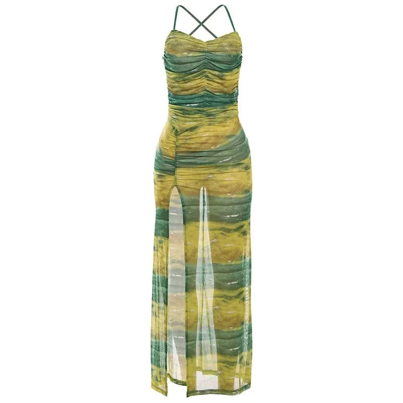L / C618DS02 Green Bomblook C618DS02 2024 Summer Patchwork Elegant Outfits Draped Maxi Dress For Women Maxi Slit Bodycon Crisscross Dresses