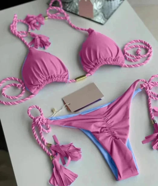 L / Color 9 2024 Thong Bikini Set Swimsuit Woman Sexy Bathing Suits Two Piece Bikinis Triangle Bandage Female Beachwear