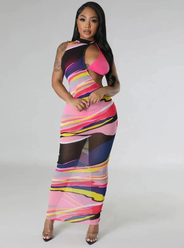 L / colorful Liu Ming New Summer Women Fashion Printed 3 Piece Swimsuit Bathing Suit Dress Beach Bikini Set