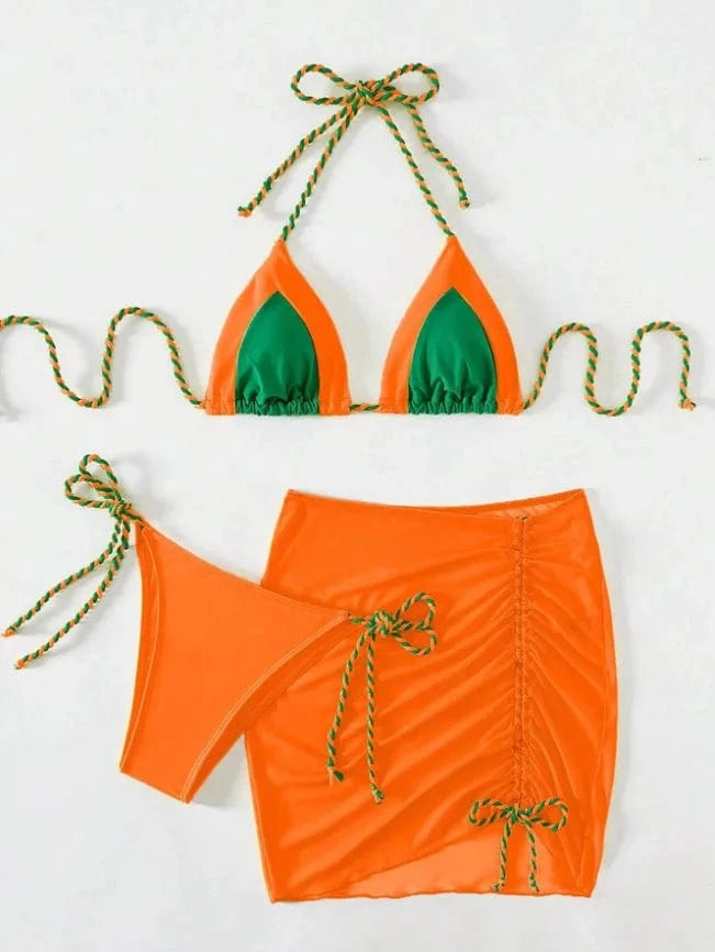 L / CORAL DAMOCHIC Mini Micro Bikini Modest Bathing Suit 3 Piece Swimwear Beachwear Halter Tops Beach Skirt Cover Up Swimsuit Bikini 2024