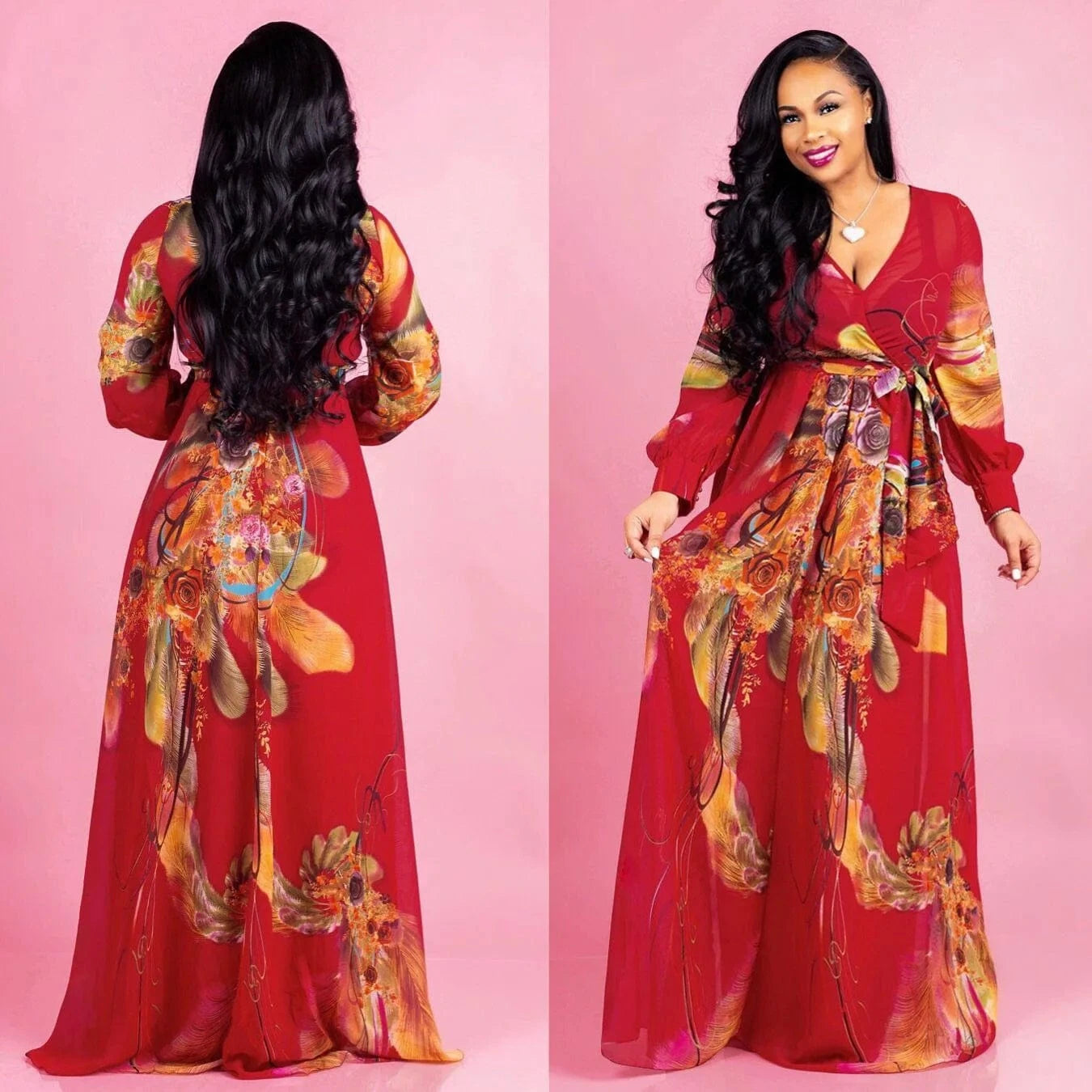 L / Crimson Wholesale Bohemia Woman Casual Dress Plus Size African Style V Neck Floral Print Chiffon Maxi Dresses Clothing Women Summer 2022