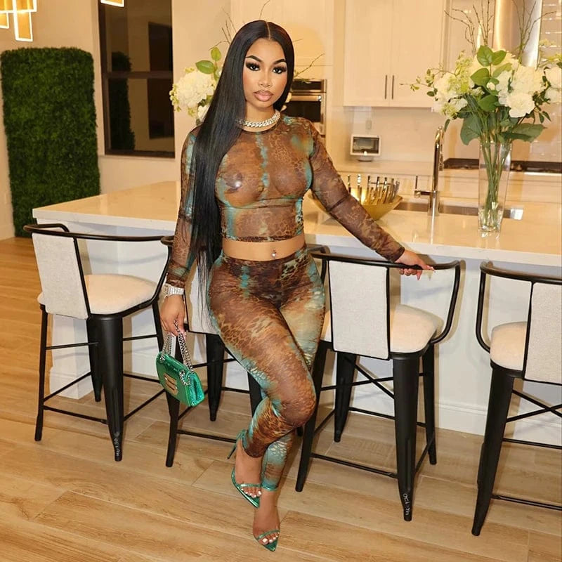L / D23ST478 Brown Bomblook D23ST478 Mesh Outfits Sexy Leopard Print Top With High Waist Pants Set Women Fashion Women Unique Two Piece Set 2024