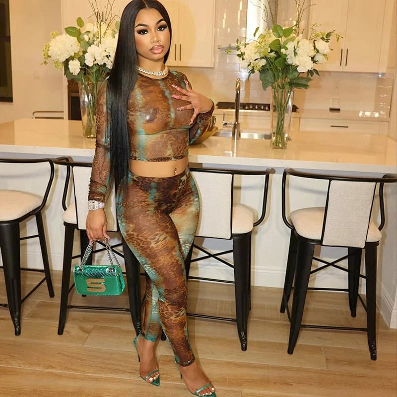 L / D23ST478 Brown Bomblook D23ST478 Mesh Outfits Sexy Leopard Print Top With High Waist Pants Set Women Fashion Women Unique Two Piece Set 2024