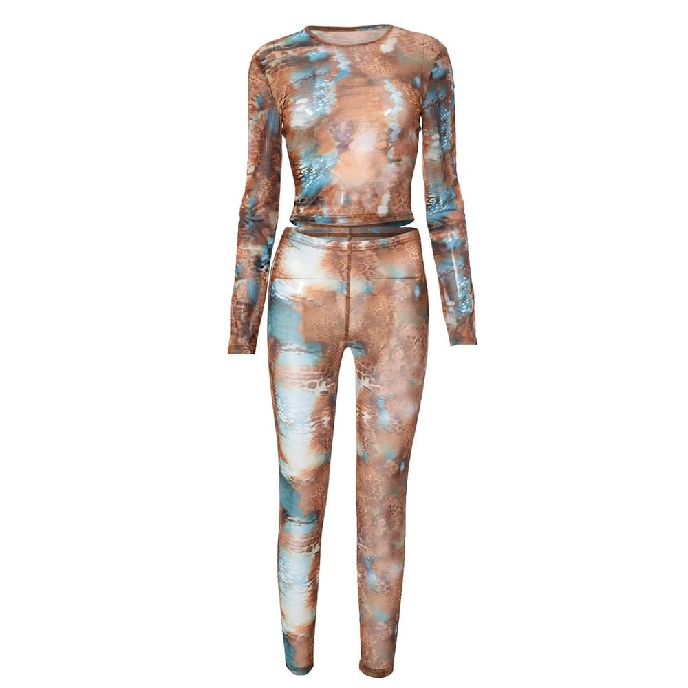 L / D23ST478 Brown Bomblook D23ST478 Mesh Outfits Sexy Leopard Print Top With High Waist Pants Set Women Fashion Women Unique Two Piece Set 2024