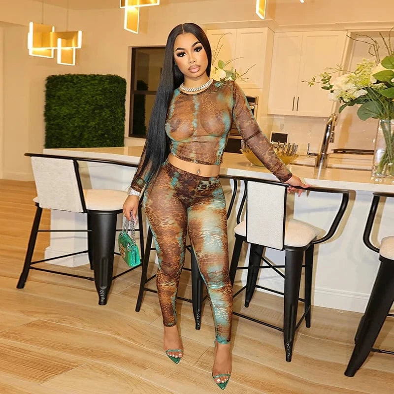 L / D23ST478 Brown Bomblook D23ST478 Mesh Outfits Sexy Leopard Print Top With High Waist Pants Set Women Fashion Women Unique Two Piece Set 2024